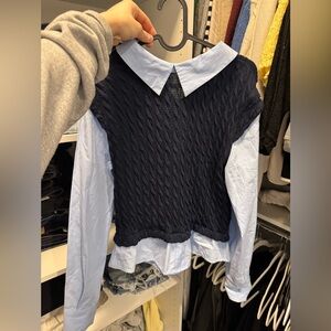 New with tags Zara Navy Cable Knit Sweater Vest with Light Blue Shirt Collar